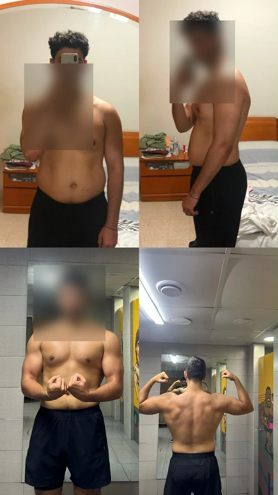 Muscle gain transformation collage with blurred faces.