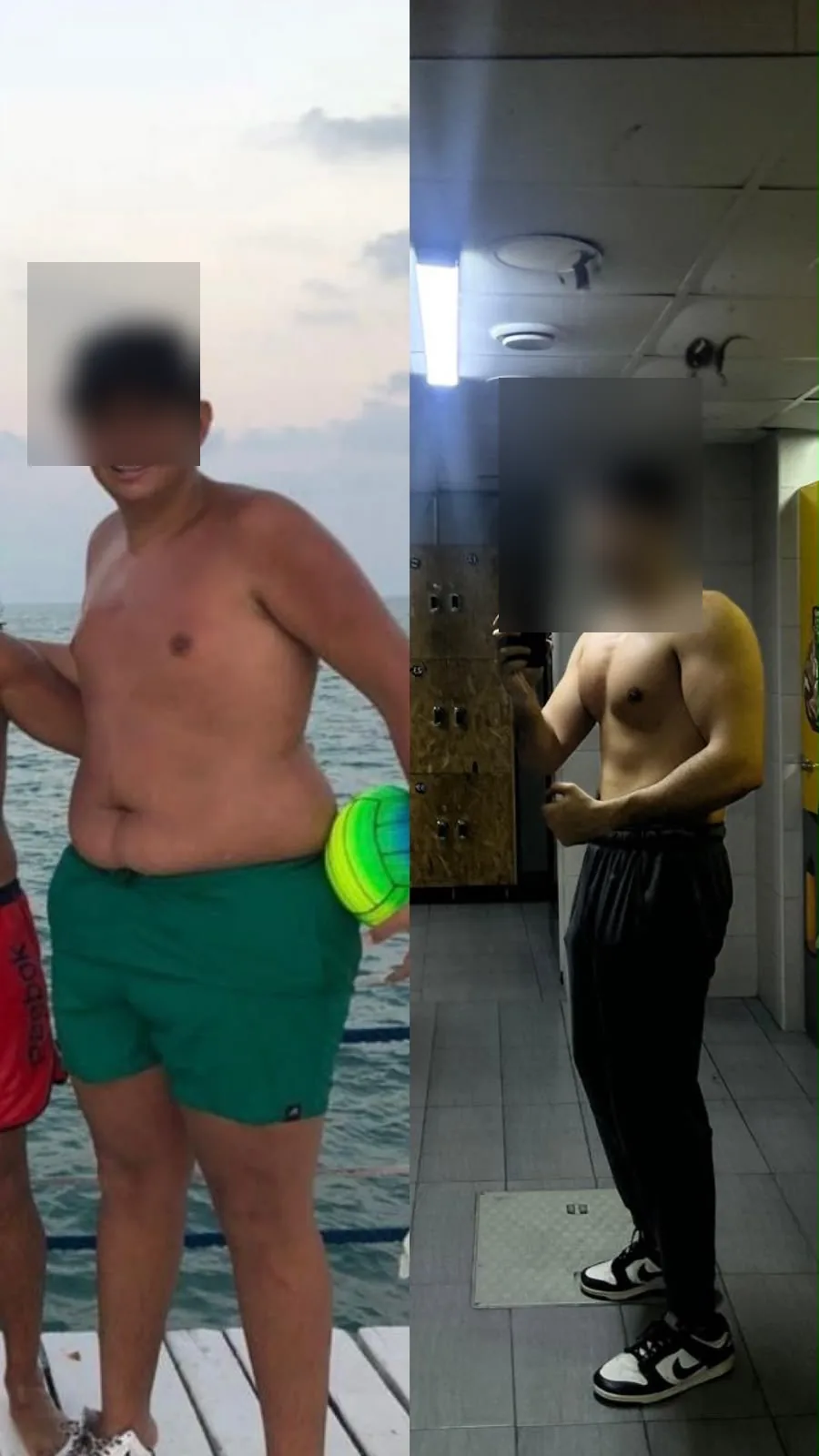 Fat loss transformation collage with blurred faces.