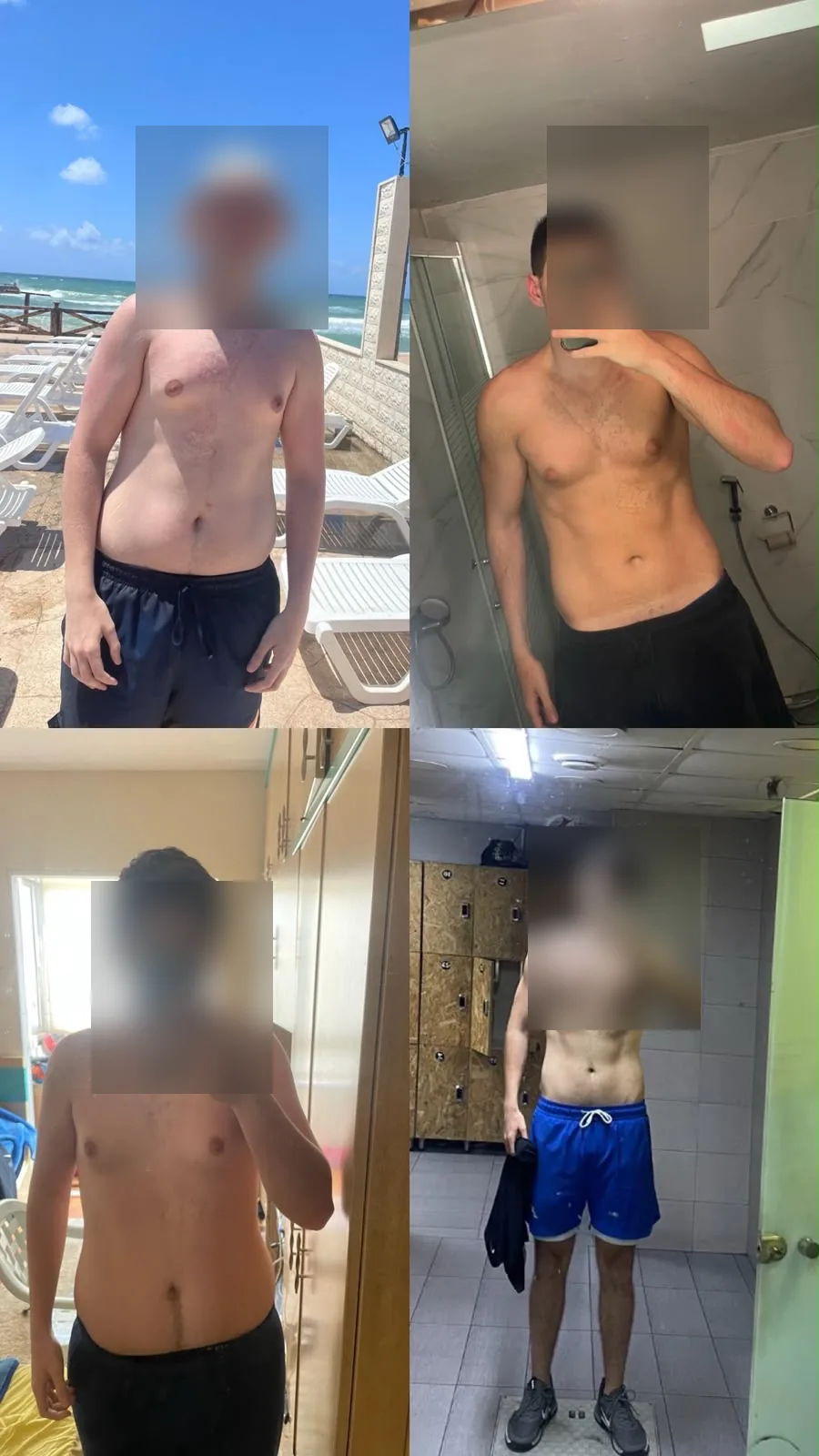 Before and after transformation collage with blurred faces.