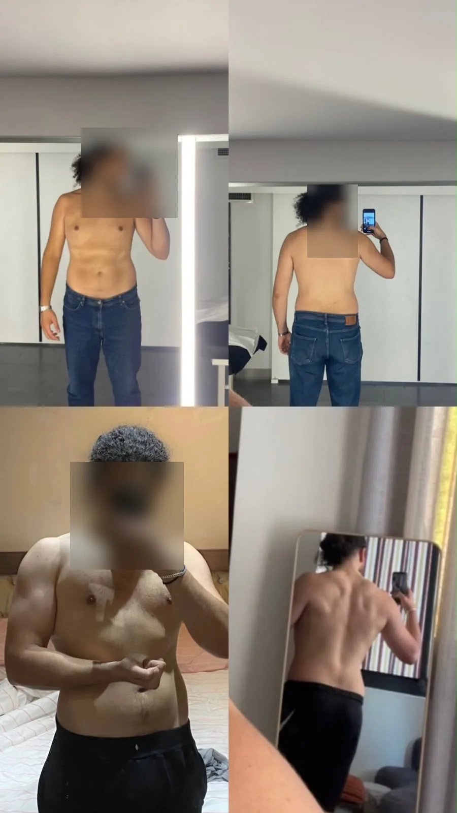 Front and back transformation collage with blurred faces.
